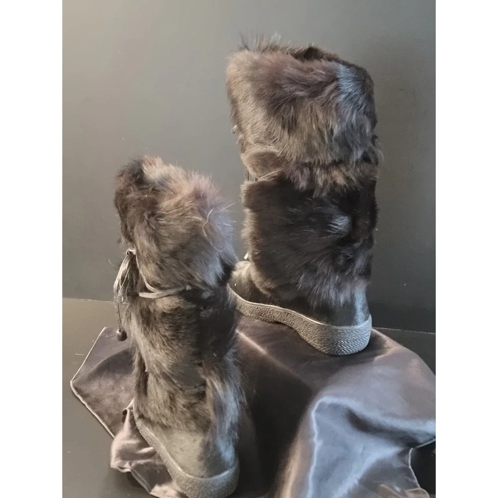 Pajar Canada Black Fur Pony Hair Winter Boots Lace Up Mid Calf Snow Boots Womens